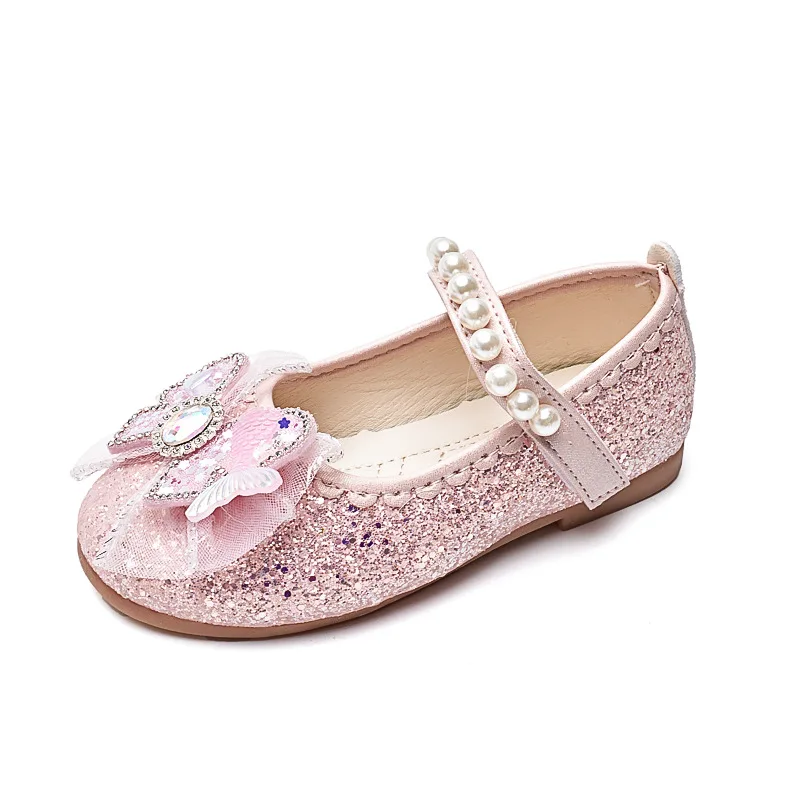 2024 Girls Princess Leather Shoes Elegant Luxury Children\'s Flats Fashion Rhinestone Pearl Kids Ballet Wedding Mary Jane Shoes