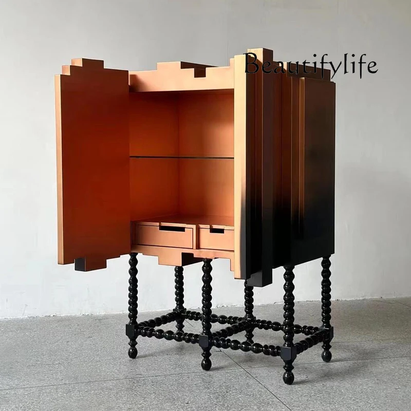 Medieval retro designer creative gradual change painted solid wood dining side cabinet  wine cabinet art side cabinet