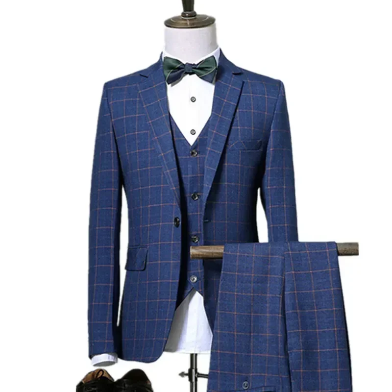 New Arrival Plaid Men Suits 3 Piece Luxury Notch Lapel Single Button Suit Slim Fit Casual Business Wedding (Blazer+Vest+Pants)