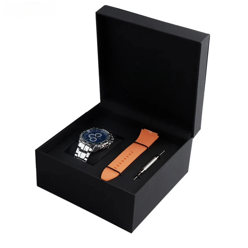 Watch Gift Packing Box with Watch Band Adjuster Tools Watch Case Pu Flap Black  Watch Box Single Organizador Free Custom Logo