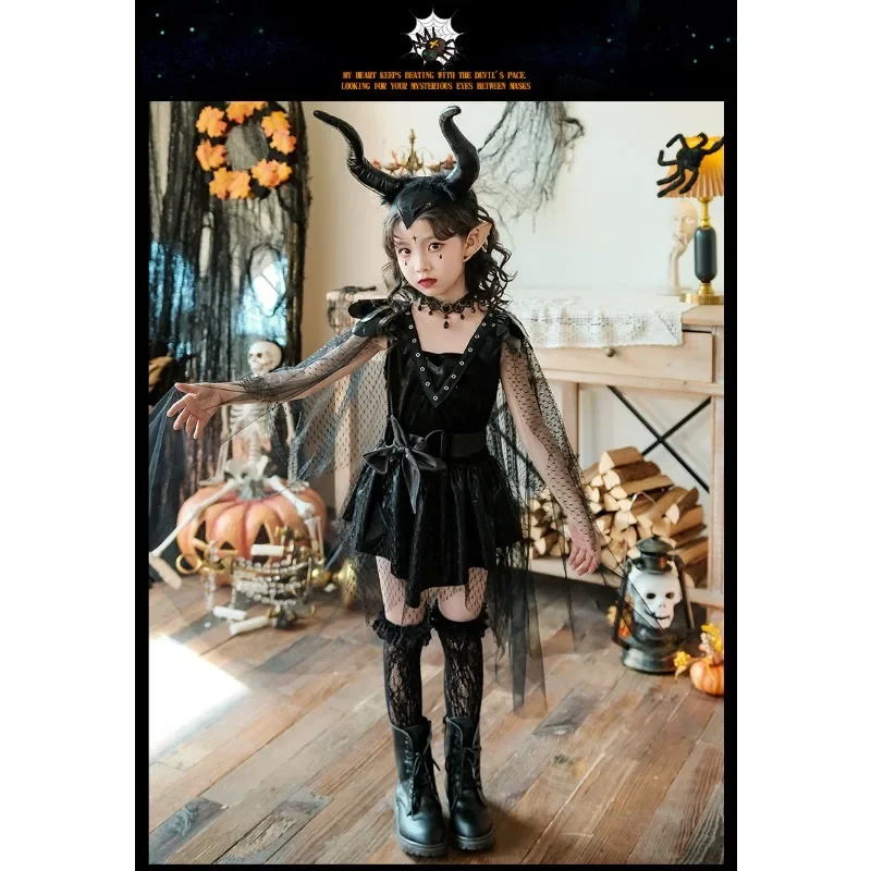 Halloween Carnival Children Cosplay Costume Dark Witch Stage Performance  Girls  Runway Show Vampire Night Elf Cute Dress