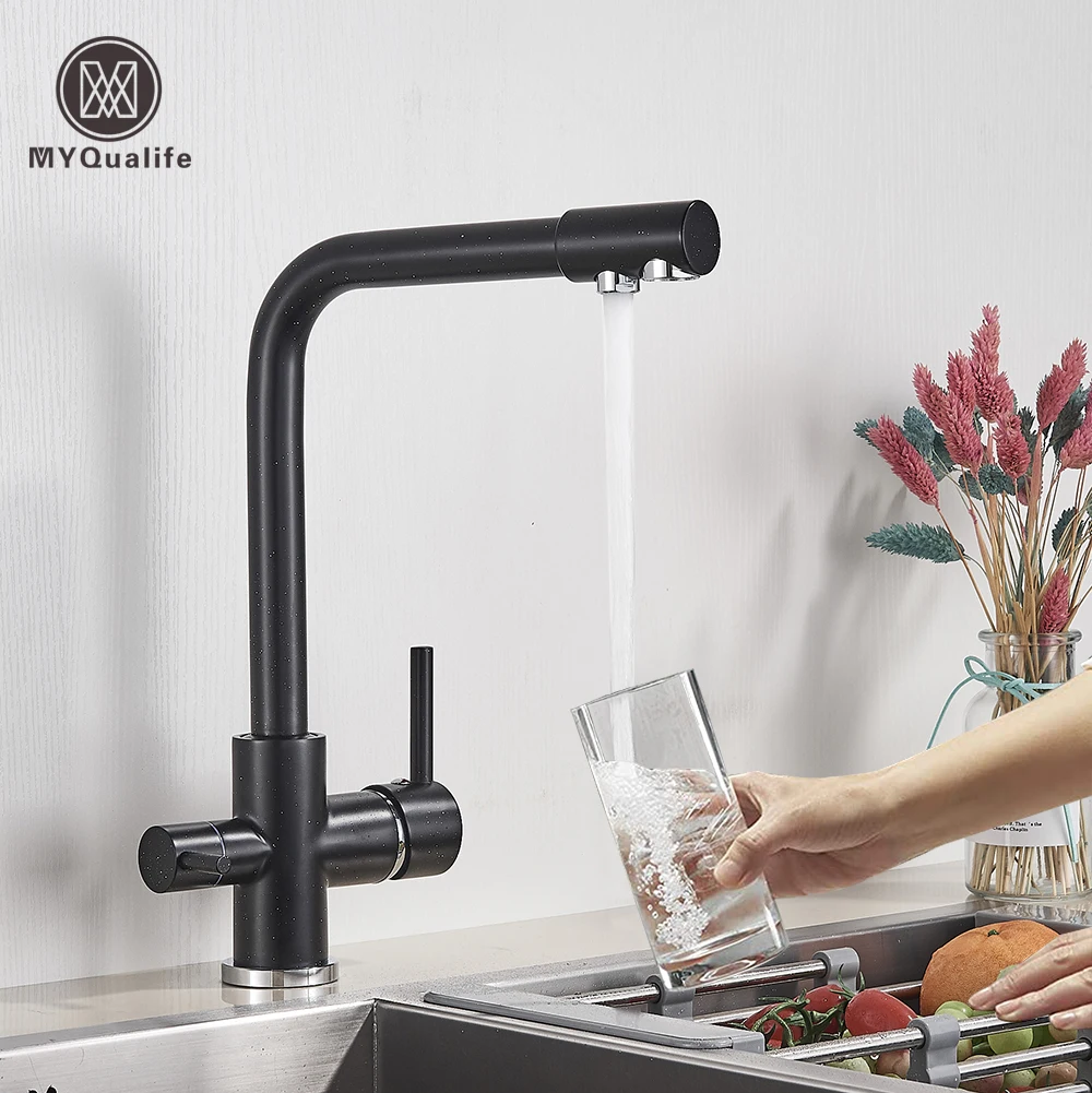 Matte Black Brass Pure Water Kitchen Faucet Dual Handle Hot and Cold Drinking Water 3-way Filter Kitchen Purified Mixer Taps