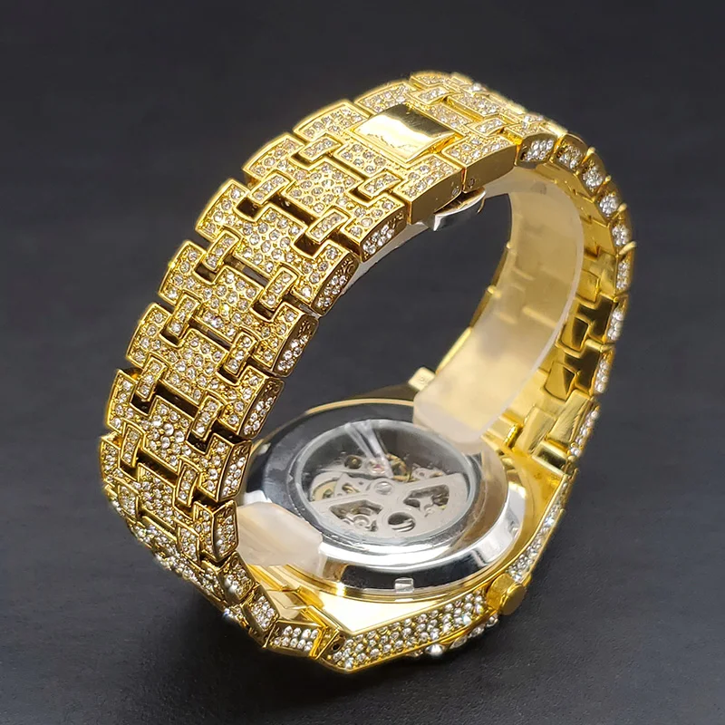 New Dropshipping Diamond Automatic Watch For Men Luxury Golden OAK Mechanical Wristwatch Hip Hop Ice Out Skeleton Original Clock