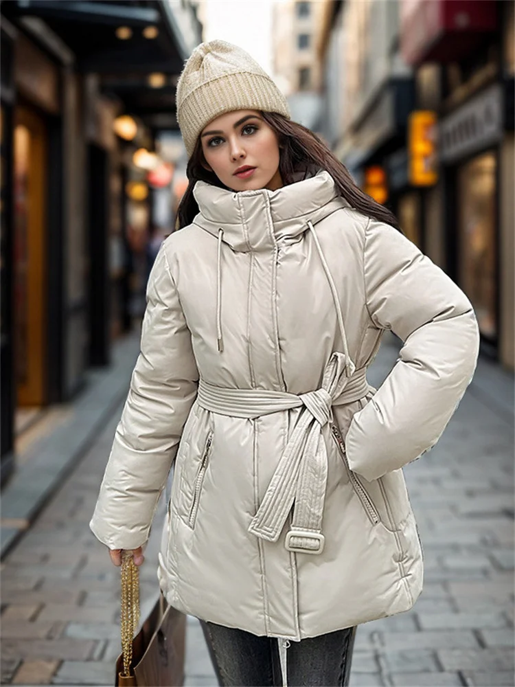 Women\'s Padded Clothes 2024 Winter New Casual Temperament Cinched Waist Hooded Mid-Length Down Padded Jackets Thicken Coat