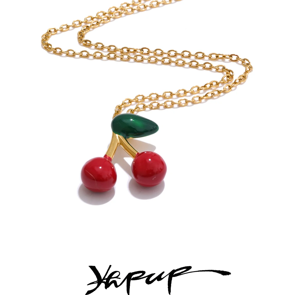 Yhpup Hot Style Lovely Fruit Sweet Red Enamel Cherry Pendant Necklace Stud Earrings Stainless Steel Waterproof Charm Jewelry