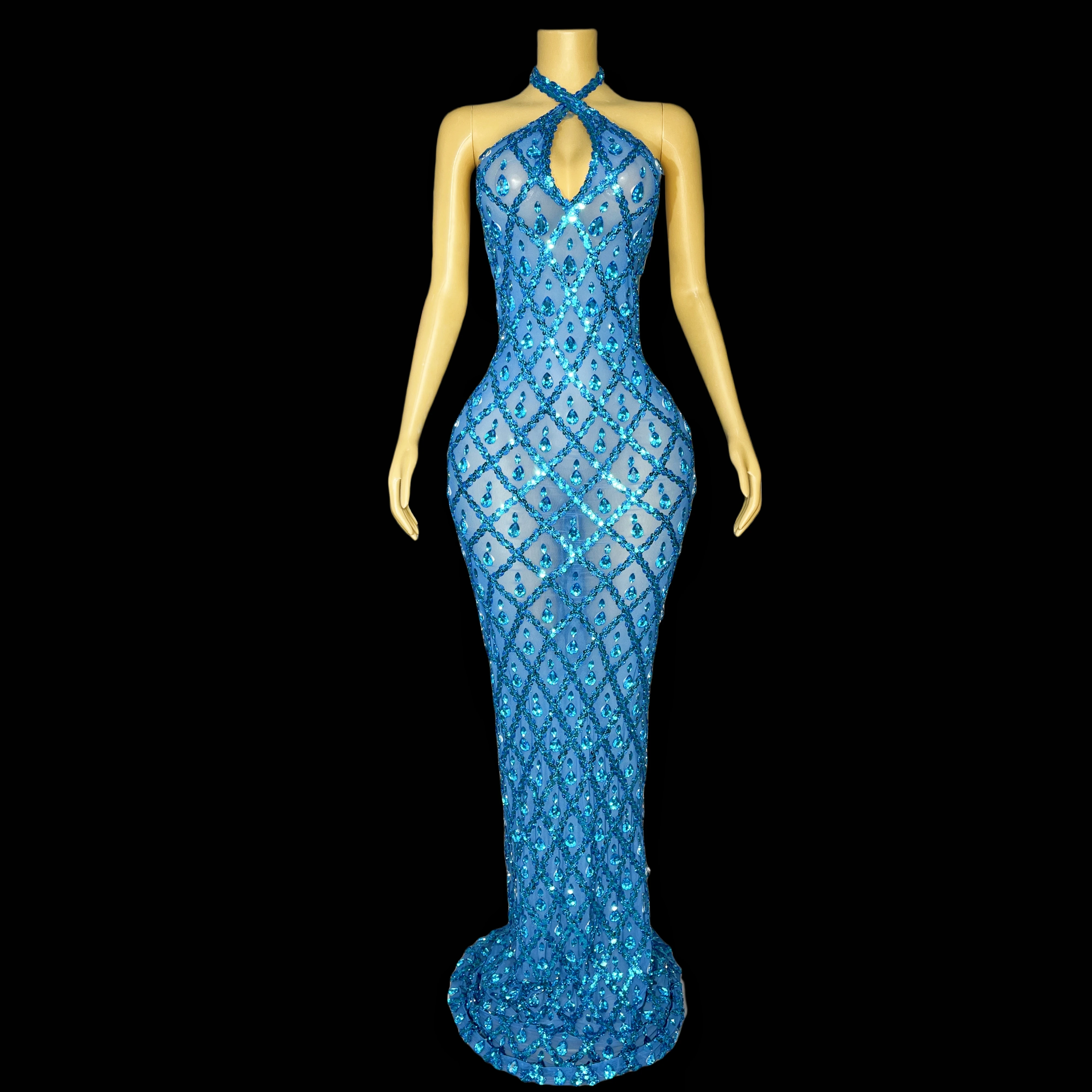 

Blue Luxury Shiny Big Rhinestone Sexy Backless Dress Ladies Party Evening Dresses Elegant Dresses Stage Costumes Shaokaojia