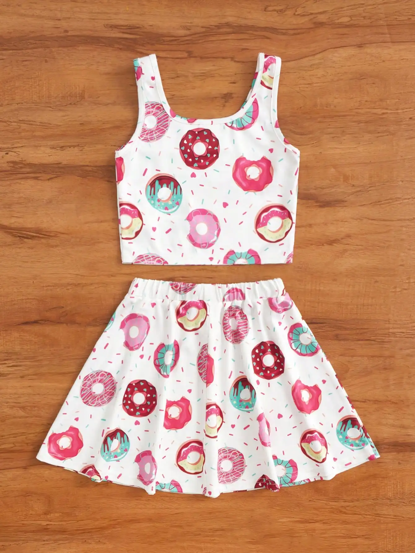 Girl's Summer 7-14 Years Round Neck Sleeveless Colorful Donut Print 2-Piece Tank Top and Skirt Outfit for Daily Casual Kids Cute