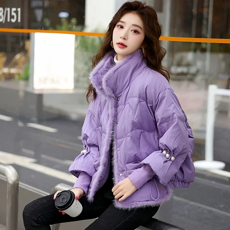 Winter Jackets Woman 2024 Coats Down Female Fashion Light Luxury Outerwears Pearls Classy Stand-up Collar Short Down Jackets