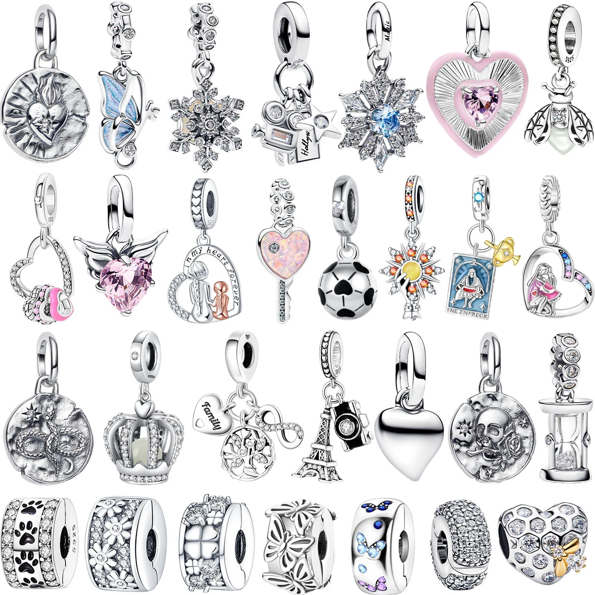 Oferta Imperdível: Pingente Original de Prata Esterlina 925 em Formato de Coração e Floco de Neve Redondo, Ideal para Pulseiras e Colares DIY – Presente de Joalheria