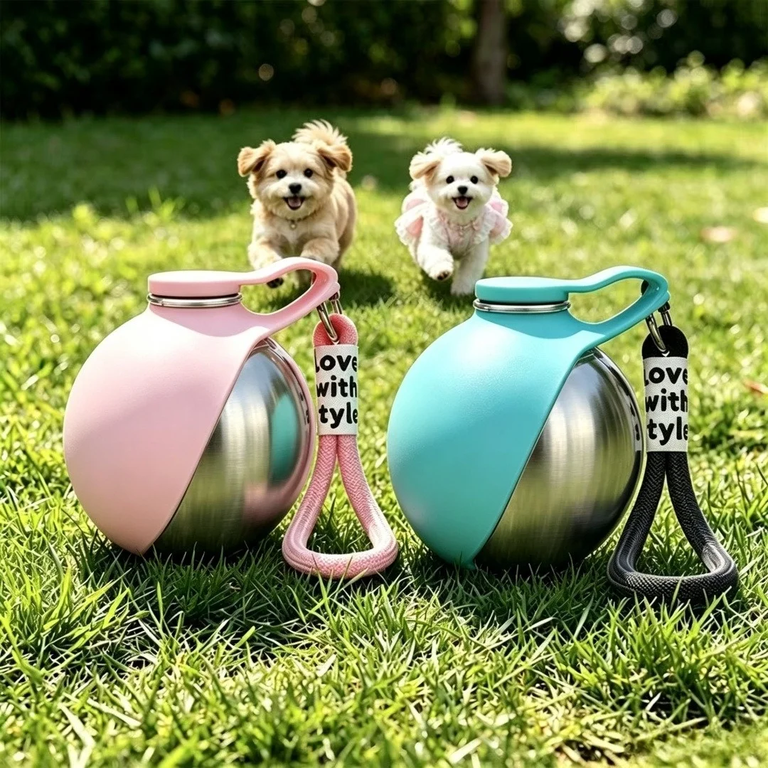 Portable pet water bottle, stainless steel pet round, with foldable silicone bowl, suitable for outdoor travel and hiking