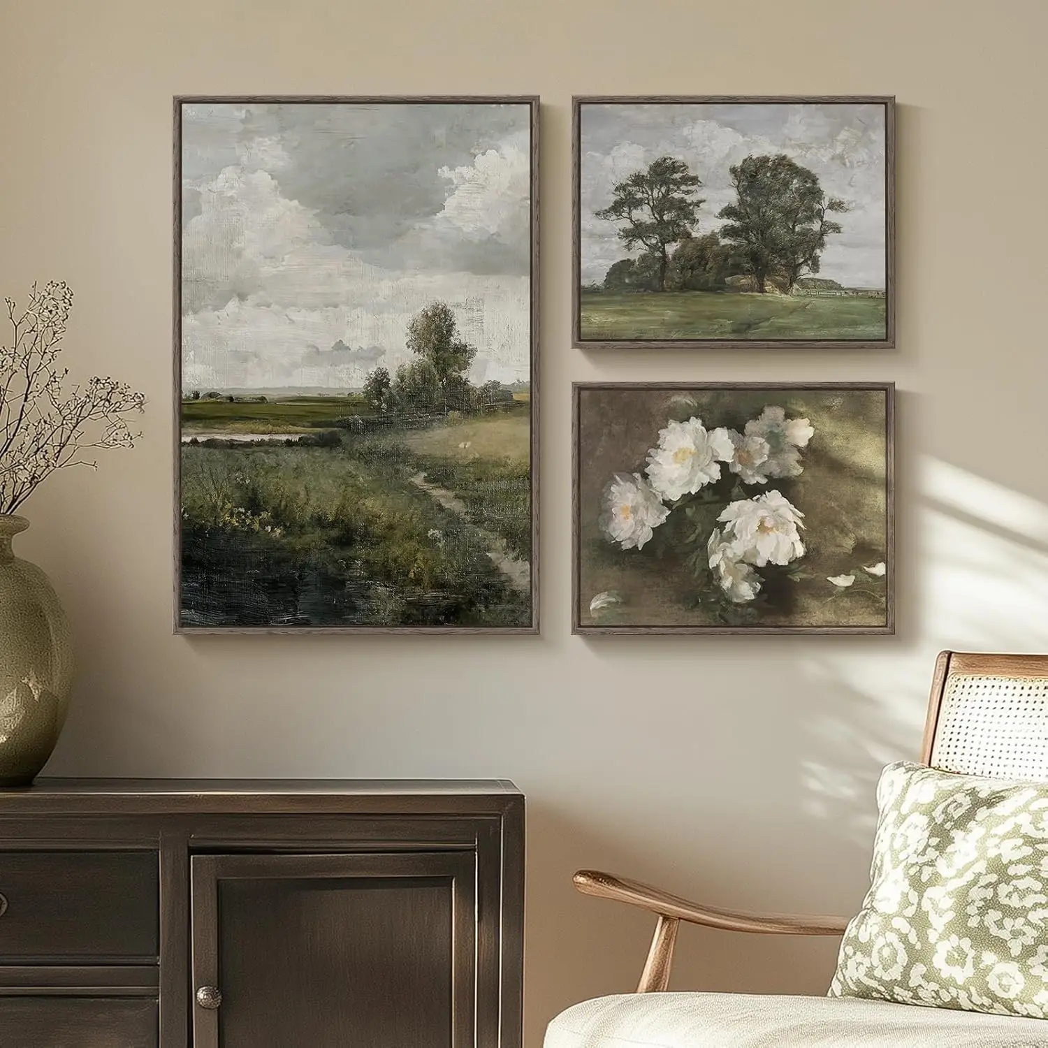 

3 Piece Framed Vintage Canvas Wall Art Set, Green Floral Tree Landscape Farmhouse Painting Print for Living Room Bedroom