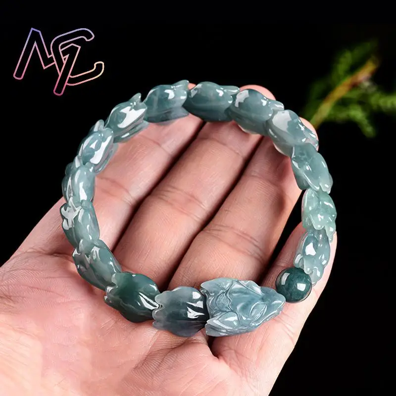 Blue Myanmar Jadeite Dragon Bracelet Talismans Natural Burmese Jade Stone Bangle Charm Amulet Carved Gemstone Vintage - Image 3