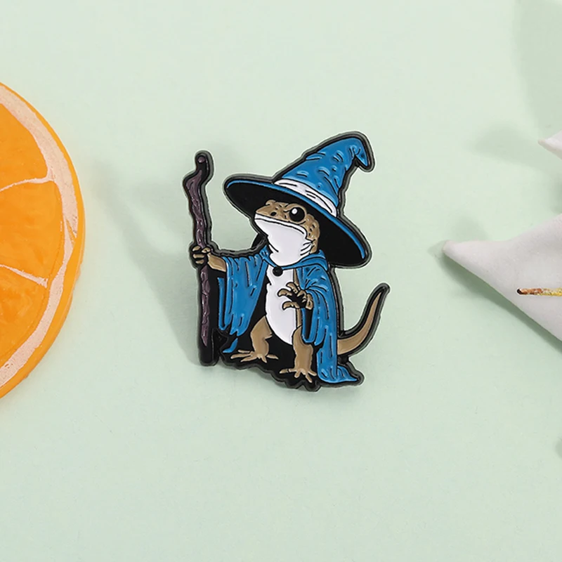 Cute Lizard Wizard Pin Cartoon Animal Reptiles Magic Wand Metal Brooch Lapel Backpack Badge Jewelry Gifts For Friends