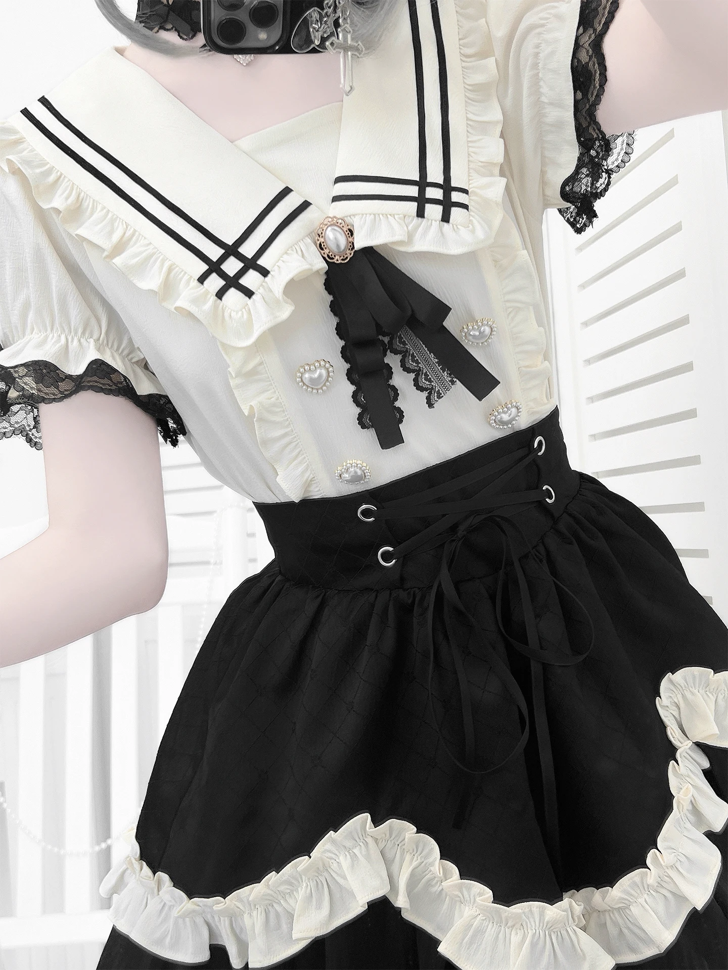 Estilo japonês produzido em massa subcultura gola marinha manga bufante coração botão camisas cintura alta saia de renda conjunto de duas peças feminino