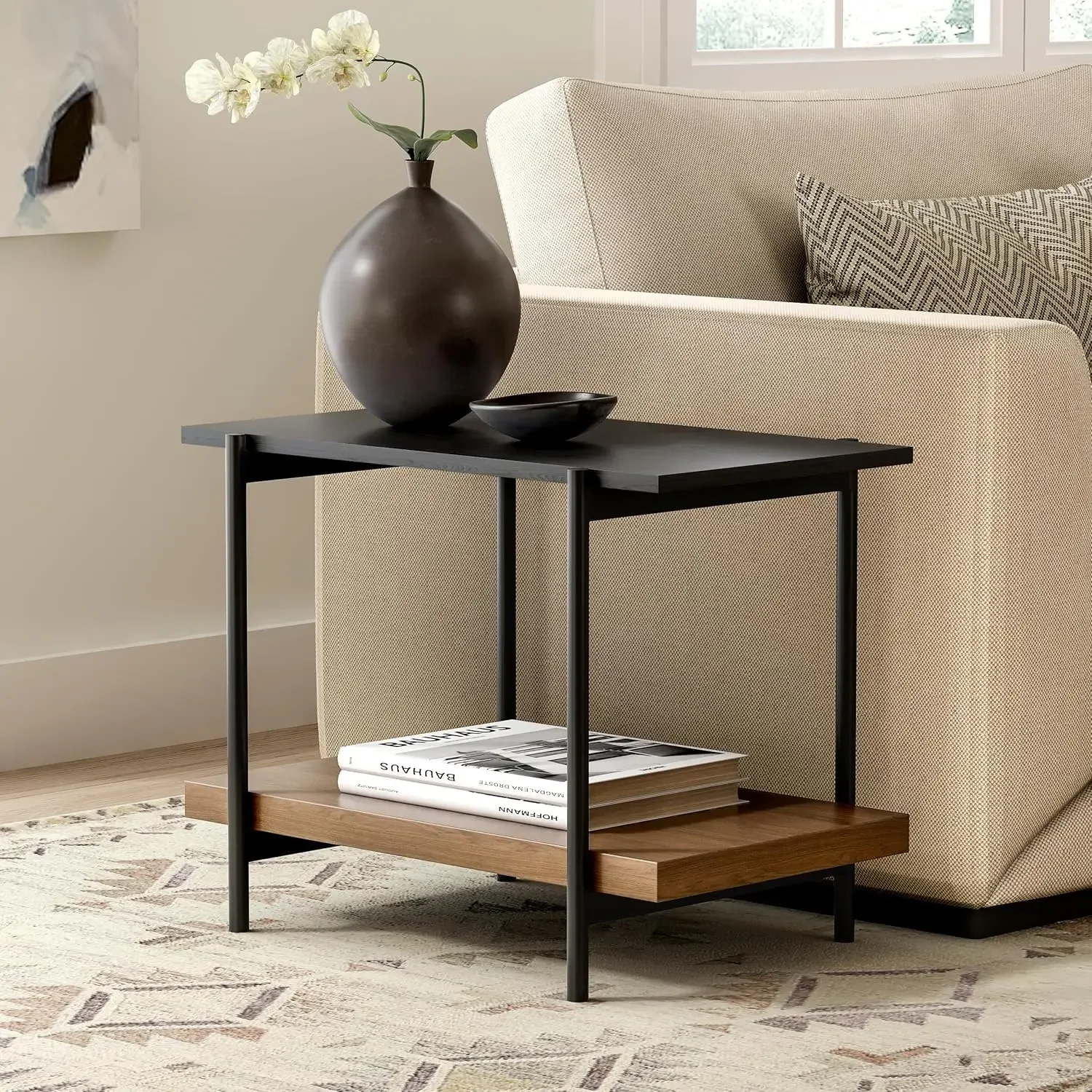 

2 Tier End Table with Metal Frame, Rectangular Side Table Bedside Nightstand with 2 Wood Open Storage Shelves for Bedroom