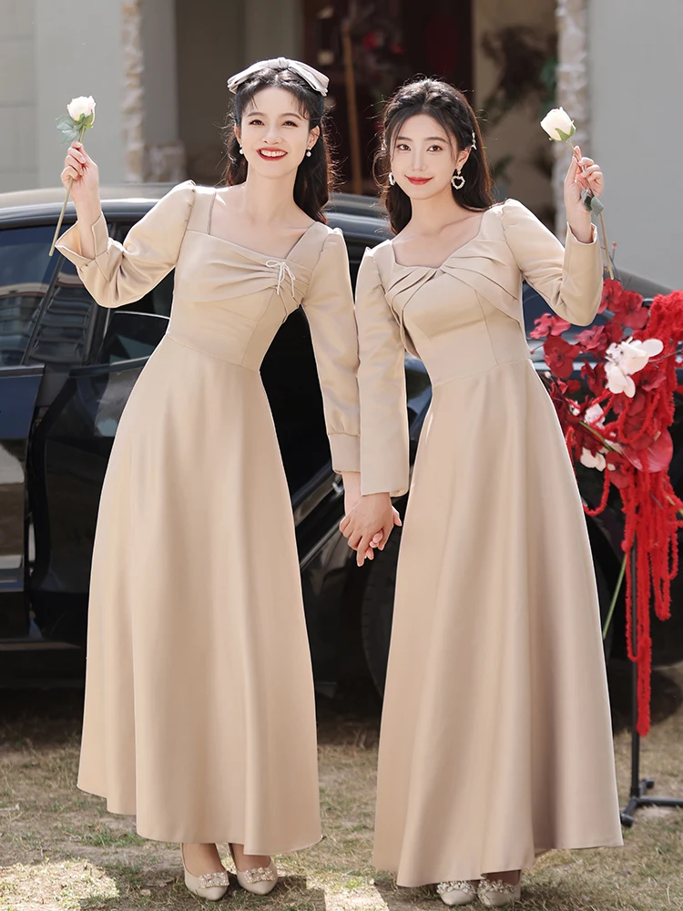 

Ele Satin Maids Dr Long Sve Evening Gown Slimming Sle Sister's Dr Faionable Winter New Arrival Simple And and