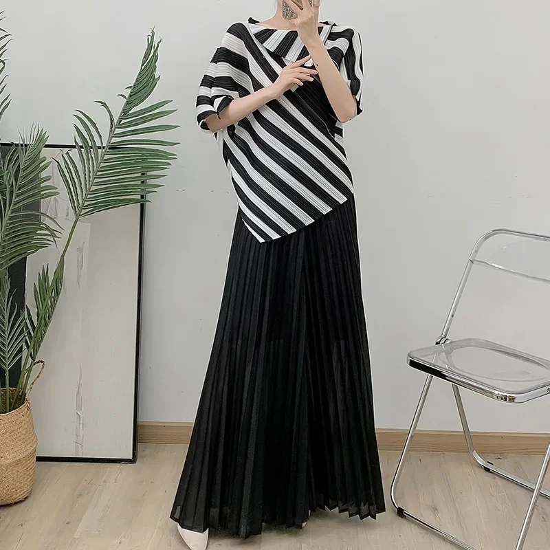 2024 Autumn New Striped Irregular Blouse + Wide-legged Trousers Set Women's Loose Plus Size Personality Women's Clothing