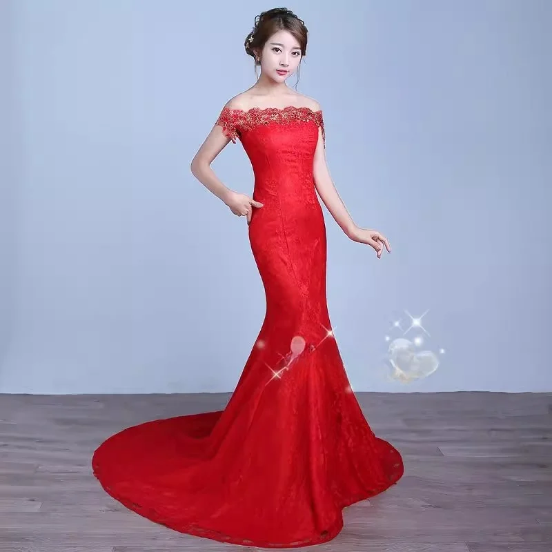 It's yiya Red Wedding Dresses Cheap Simple Lace Appliques Off the Shoulder tromba Mermaid Trailing Plus size abiti da sposa XN085