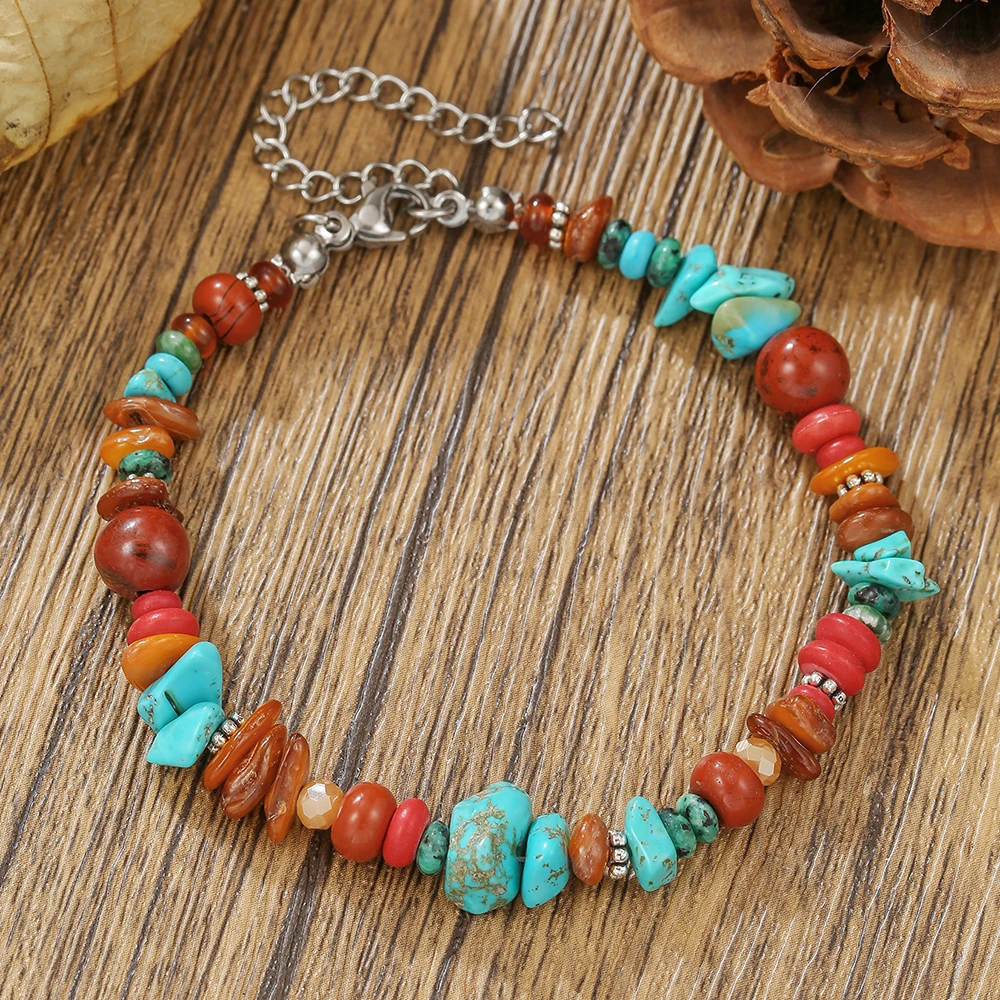 

Bohemian Colorful Natural Stone Irregular Gravel Beaded Bracelet Bangle for men Vintage Unique Daily Jewelry