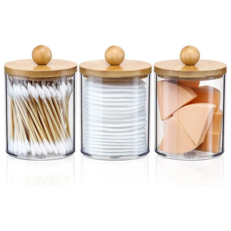Caja de almohadillas de algodón para baño, organizador de accesorios, contenedores de almacenamiento, frascos de plástico transparente con tapas de bambú para bola de algodón, hilo dental
