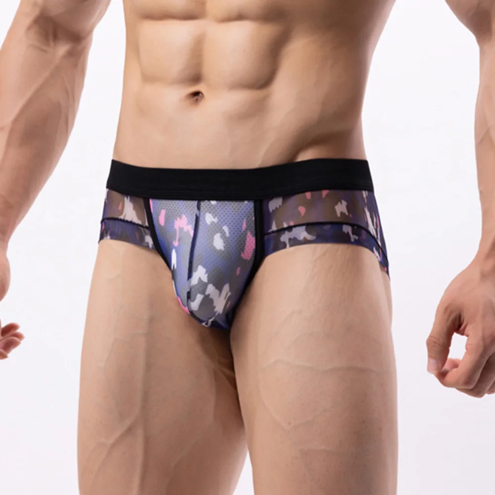 

Men Sexy Breathable Mesh Briefs See Through Printed Panties Underwear Low-Rise U Convex Pouch Underpants Shorts Lingerie