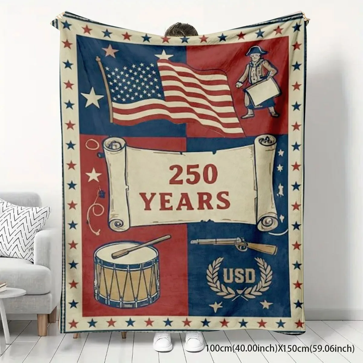 

250Th Anniversary Us Blanket 2D Printed Soft Cozy Red Blue Vintage Flannel Throw Blanket for Sofa Bed Camping Warm Blanket Gift