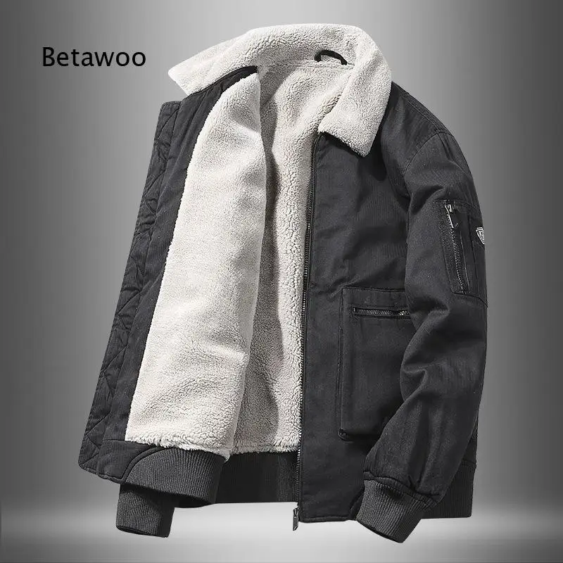 Men Lapel Fleece Lined Work Jacket Zip Up Heavyweight Loose Warm Winter Outerwear for Daily Street Wear