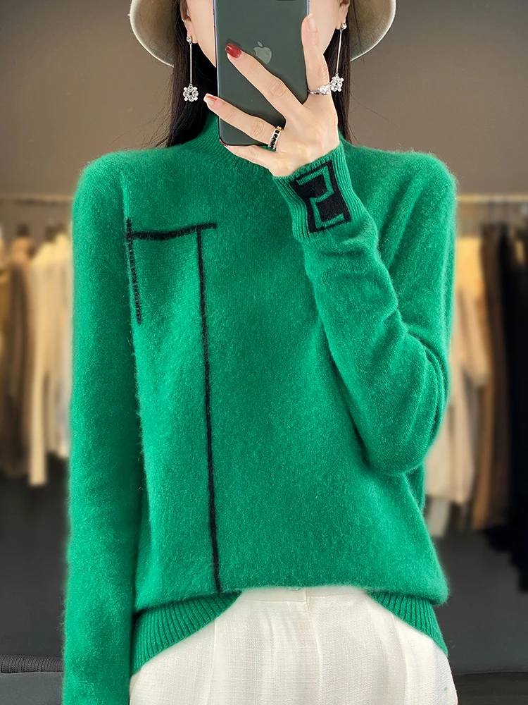 Autumn Winter Women's 100% Pure Merino Wool Sweater Mock-Neck Pullover Basis Casual Cashmere Female Elegant Clothing Tops