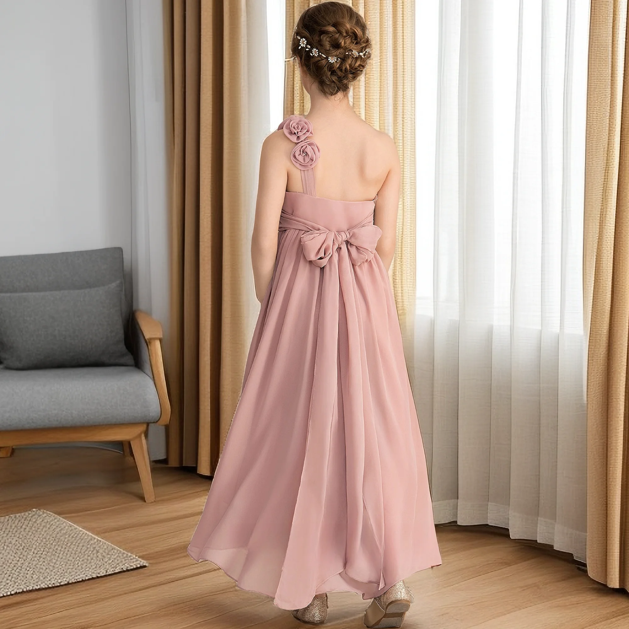 One-Shoulder Chiffon Junior Bridesmaid Dress For Kids Festivity Celebration Wedding Birthday Evening Party Pageant Prom Ball