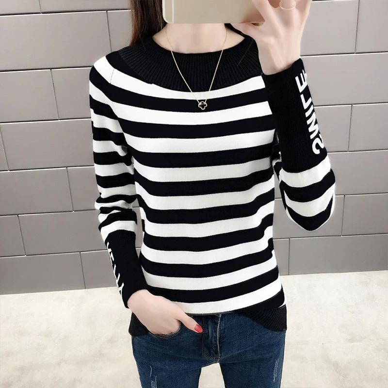 2024 Autumn Winter Women New Korean Fashion Knitted Pullover Office Lady Striped Long Sleeved Sweater Vintage Loose Knitwear