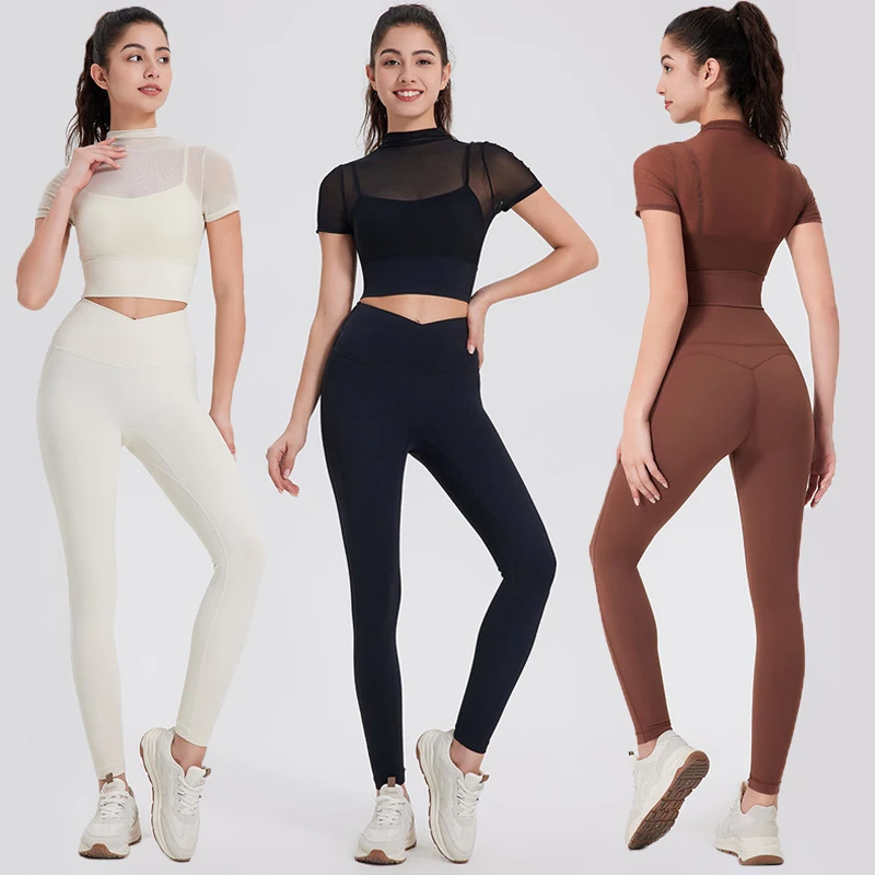 

Two Pieces Fitness Yoga Set Sexy Mesh Short Sleeve Top Buttery Soft Leggings Gym Suit Outdoor Running Sportswear Workout Clothes