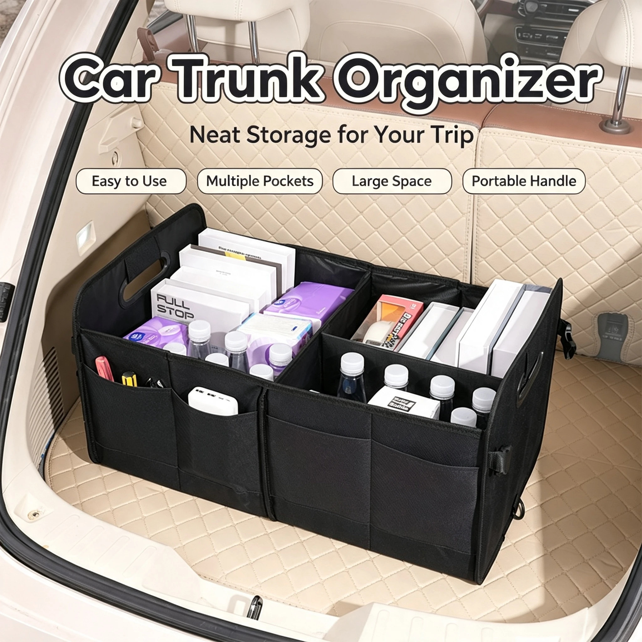 Foldable Car Trunk Storage Box, Thickened Oxford Cloth Multi-Compartment Cargo Storage Box, with Removable Dividers, Dual Handles, and Multiple Side Pockets, Foldable Universal Car Storage Box Suitable for Sedans, Suvs, Trucks, and Vans.