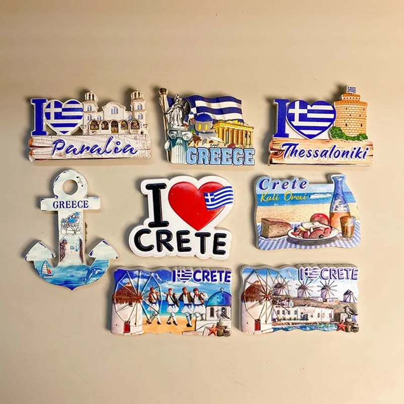 

Greek Fridge Magnets with Paralia Church, Thessaloniki Fortress, Crete Landmarks & National Flag – Strong Refrigerator Magnets