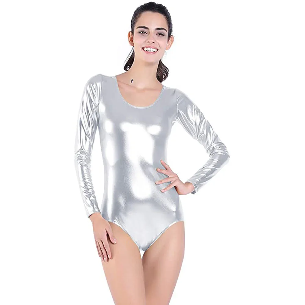 AOYLISEY – justaucorps de danse métallique brillant pour femmes, or, col rond, vêtements de Ballet, body de gymnastique, manches longues, Costumes de scène pour adultes