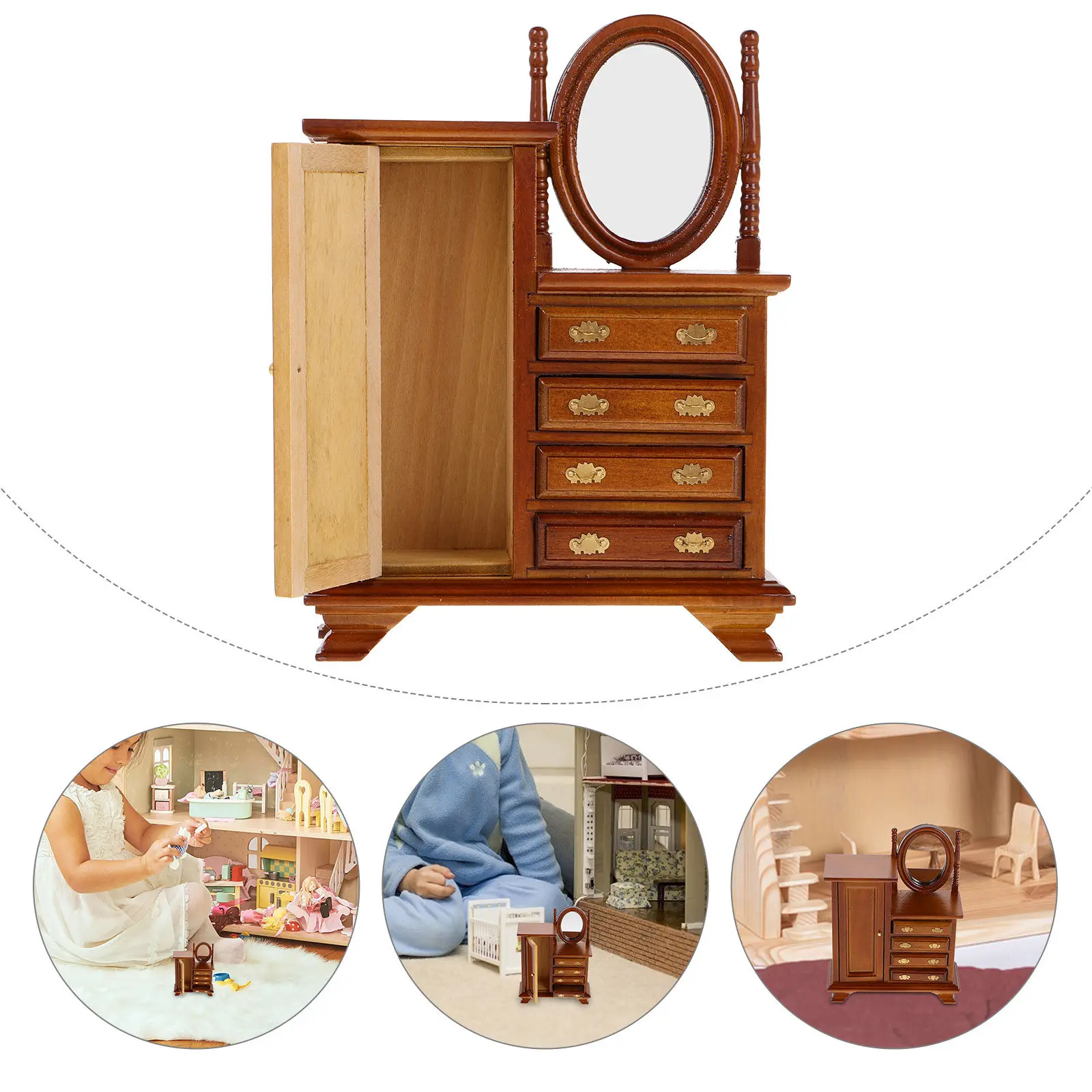 

Charming 1:12 Vintage Dresser Table Miniature Wooden Cabinet Dollhouse Bedroom Furniture Set Realistic Cozy Atmosphere Mini