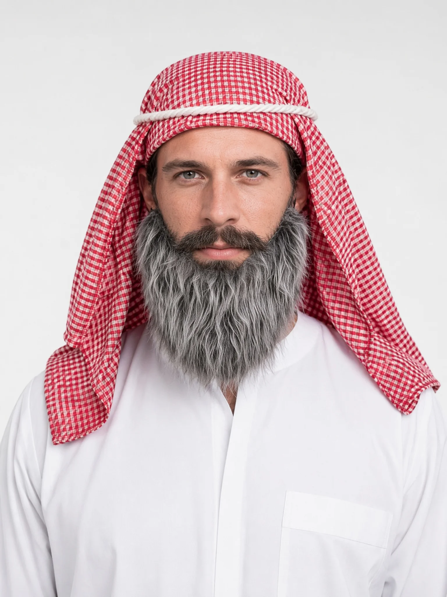 Men Arab Costume Set Red White Plaid Keffiyeh Headscarf + Grey Fake Beard Halloween Cosplay Accessory Kit for Party Carnival