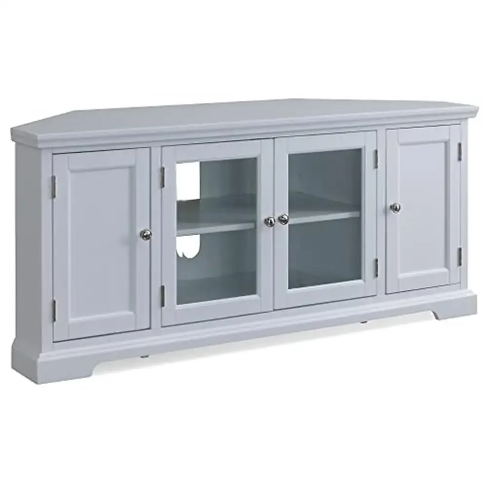 

Corner TV Stand 60" TV Adjustable Shelves Silver Hardware Glass Assembly Wood Classic Trapezoid White Brushed Nickel