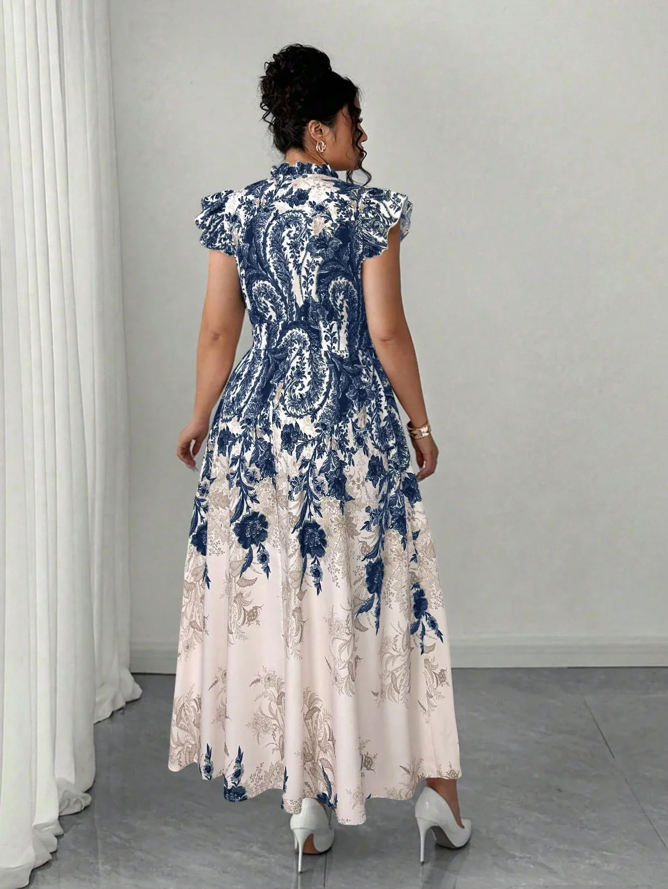 

Plus Size Women Ruffle Sleeve Floral Maxi Dress Elegant Flared Vacation Dress