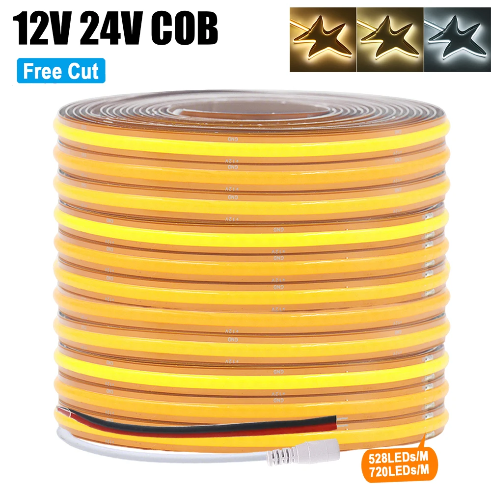 12V 24V Free Cut COB LED Strip Light 528LEDs/M 8mm PCB High Density 720LEDs/M Flexible Ribbon Tape Warm Natural White Home Decor