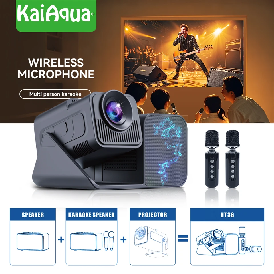 

KaiAqua 5000 Lumens HT36 4K Native Portable Projector 1080P Karaoke Projector Family Party Android 12 WIFI6 180° Home Cinema NEW