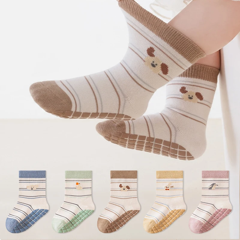 Anti Slip Toddler Floor Socks Cute Striped Cartoon Kids Socks Soft Cotton Mid Tube Baby Floor Socks for Indoor Walking