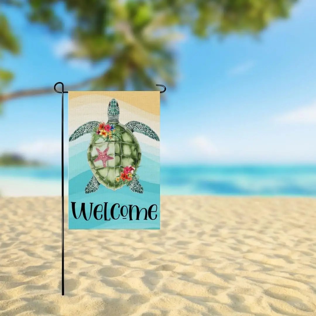Welcome Sea Turtle Summer Beach Garden Flag, 12 x 18 Inch Burlap Double Side Printed, Summer Feeling Seasonal Farmhouse Lawn yyi