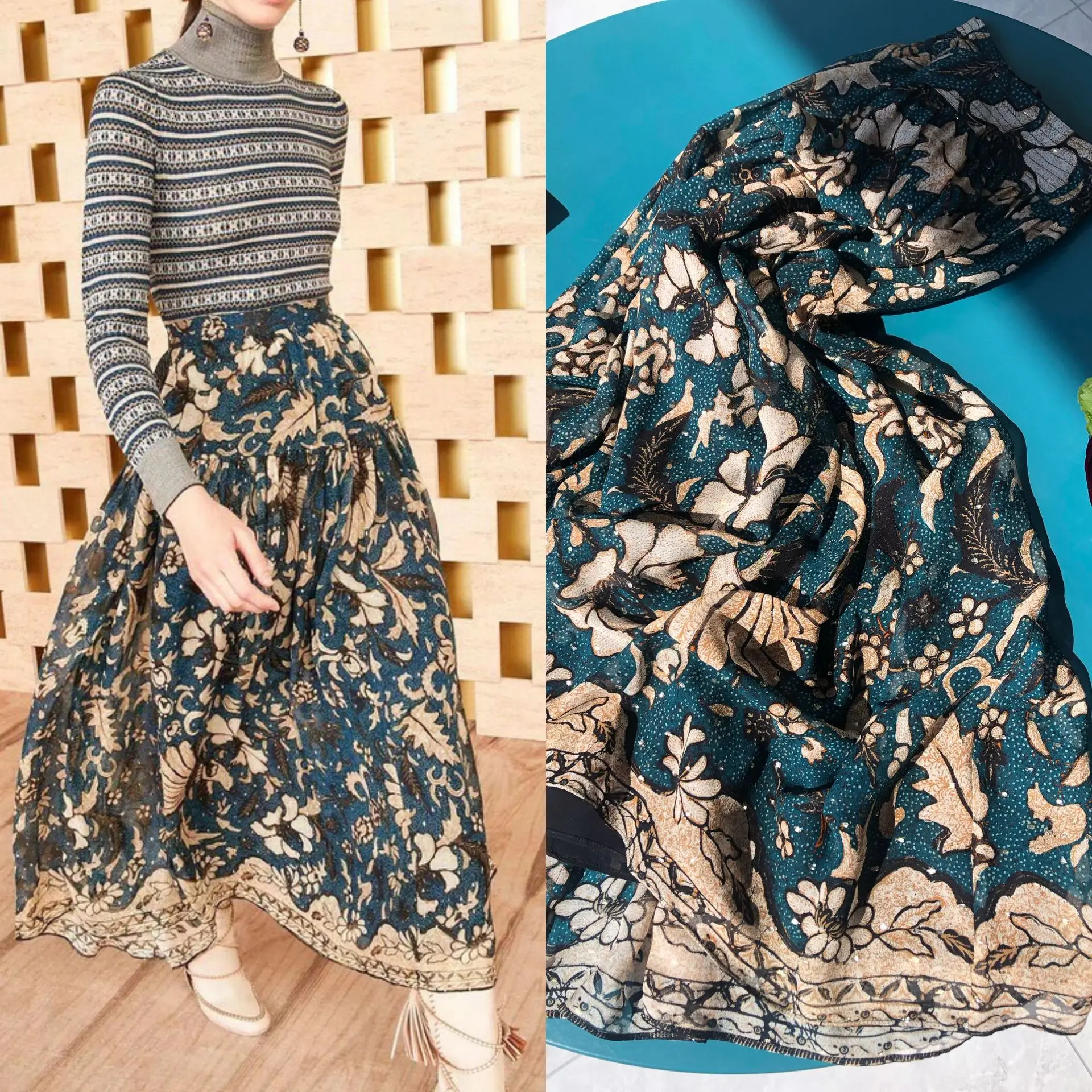 Birdtree 100%Real Silk Skirts Glitter Position Printed Female's Elastic High Waist Loose Maxi Skirt 2023 New Summer B36641QC