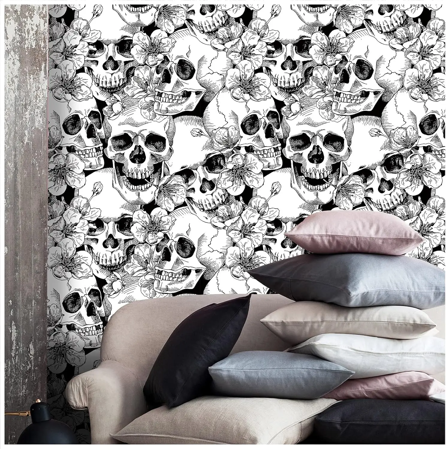 1pc Halloween Skull Floral Peel and Stick Wallpaper Black/White Self-adhesive Removable Wallpaper For Bedroom Wall Decorations