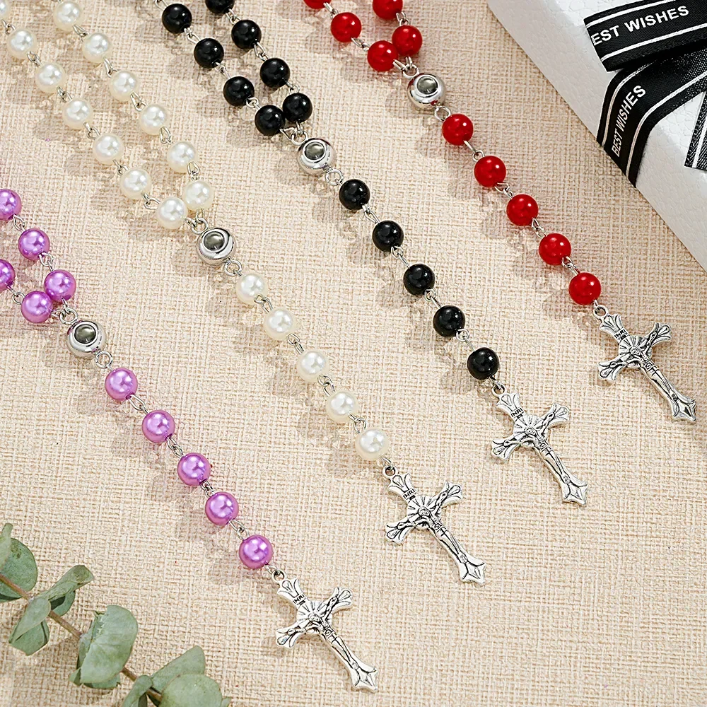 Multi-Color Rosary Beads Cross Gold 6mm Christian Catholic Virgin Mary Long Chain Jesus Religious Cross Pendant Rosary Necklace