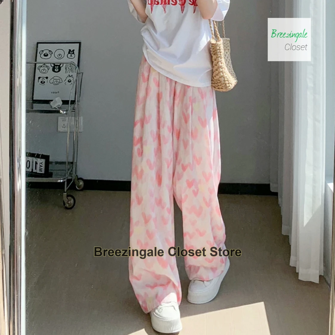 Korean rainbow polka-dot wide-leg pants women's new summer fashion loose and slim Joker ice silk casual straight pants.