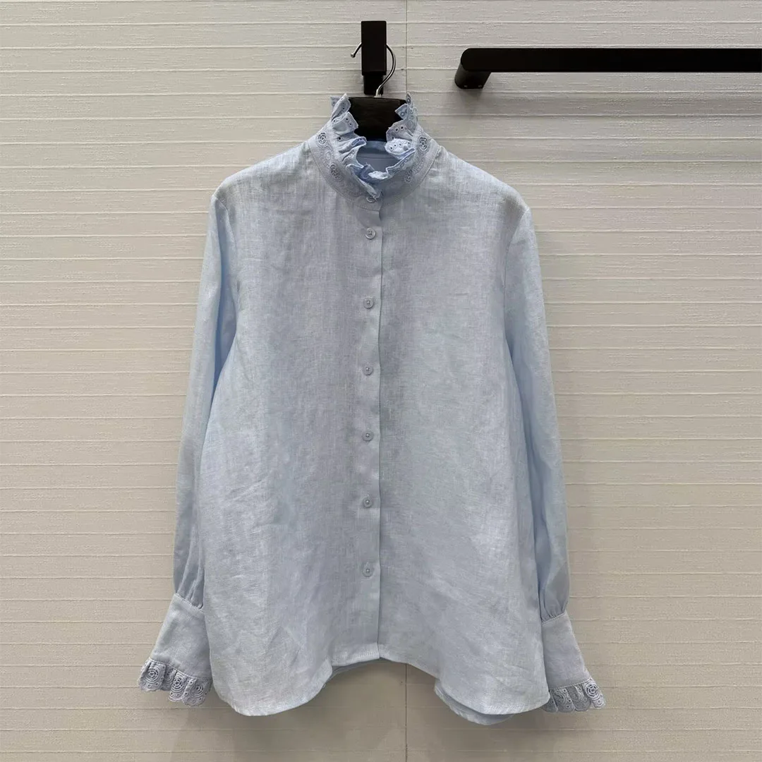 

Elegant Fashion Embroidered Lace Stand Collar Flare Sleeve 100% Linen Shirt Women Solid Color Loose Casual Spring Blouses