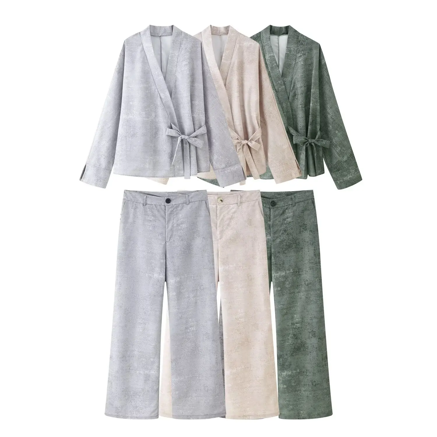 

European and American style 2025 new kimono-style casual suit V-neck long-sleeved lace-up top with high-waist straight-leg wide-