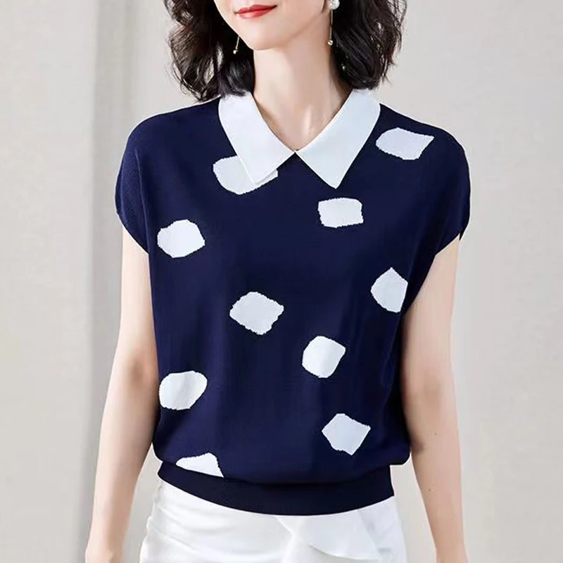 Women's Clothing Summer Fashion Contrast Color Patchwork Elegant Knitted T-shirts Simple Casual Short Sleeve Loose Pullover Tops