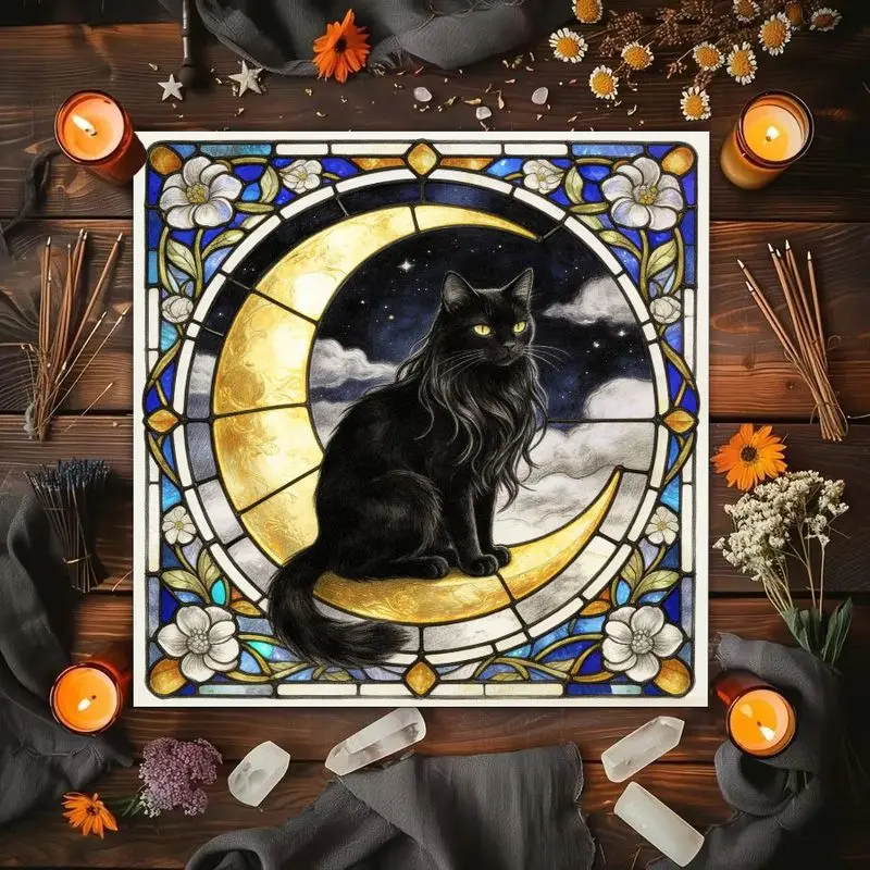 Twelve Constellations Star Chart Sun Moon Black Cat Painted Glass Altar Cloth Tarot Cards Tablecloth Divination Decor